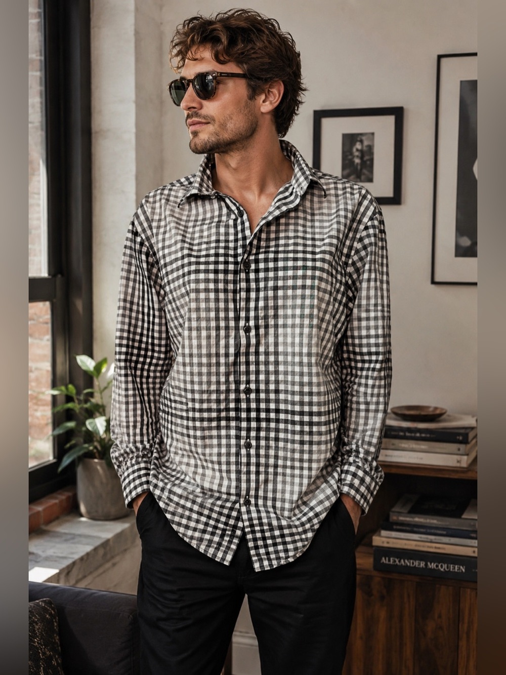 Alfani Cotton Dress Shirt Black & White Plaid